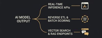 Flat 2D infographic diagram showing AI model outputs routing to real-time inference APIs, reverse ETL batch scoring, and vector search RAG endpoints.