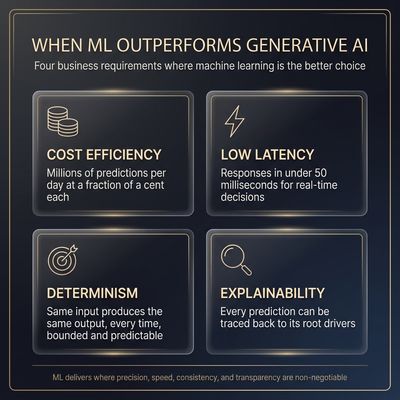 Four scenarios where machine learning outperforms generative AI: high-volume pricing decisions requiring sub-50ms latency, cost-sensitive inference at scale, deterministic outputs for auditability, and explainable decision logic for regulatory compliance