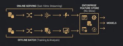 Flat 2D infographic diagram showing online streaming and offline batch pipelines converging into a unified enterprise feature store with no training-serving skew.