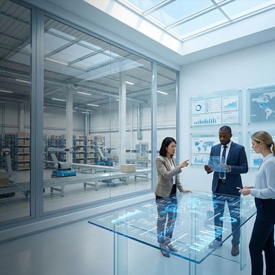 AI-powered supply chain command centre with diverse professionals collaborating